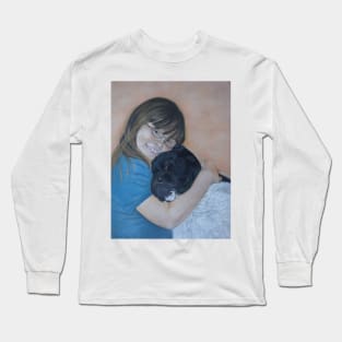 Cute black and white akita cuddling best friend Long Sleeve T-Shirt